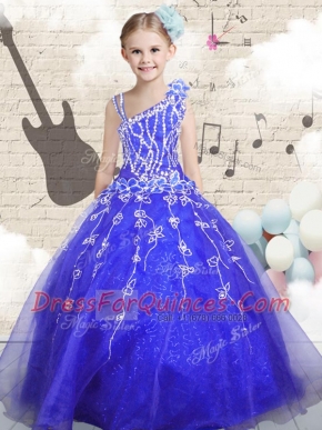 Modest Blue Asymmetric Neckline Beading and Appliques and Hand Made Flower Child Pageant Dress Sleeveless Lace Up