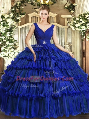 V-neck Sleeveless Sweet 16 Dress Floor Length Beading and Ruffled Layers Royal Blue Organza