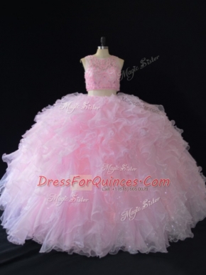 Baby Pink Organza Zipper Scoop Sleeveless Floor Length Quinceanera Dress Beading