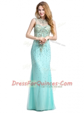 Glorious With Train Zipper Prom Gown Turquoise for Prom and Party with Beading Brush Train