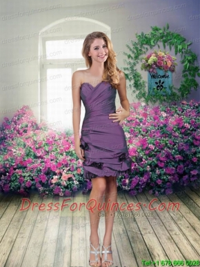 Sweetheart Ruching Hand Made Flowers Column Junior Dresses in Eggplant Purple