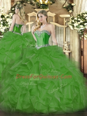 New Arrival Green Sleeveless Organza Lace Up Quinceanera Dress for Military Ball and Sweet 16 and Quinceanera