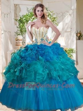 Elegant Beaded and Ruffled Really Puffy Quinceanera Dress in Teal and Blue