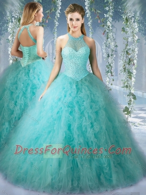 Popular Mint Quinceanera Dress With Beaded Decorated Bodice and High Neck
