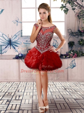 Attractive Red Sleeveless Mini Length Beading and Ruffles Zipper Prom Evening Gown