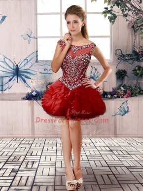 Attractive Red Sleeveless Mini Length Beading and Ruffles Zipper Prom Evening Gown