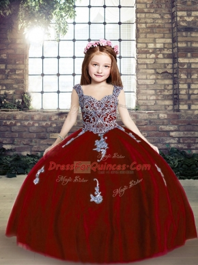 Amazing Tulle Straps Sleeveless Lace Up Appliques Little Girl Pageant Gowns in Red