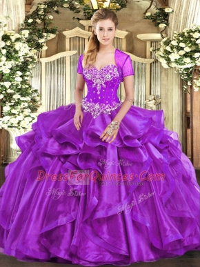 New Style Purple Sleeveless Organza Lace Up Ball Gown Prom Dress for Military Ball and Sweet 16 and Quinceanera
