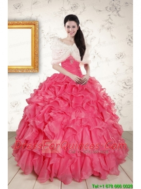 Beading and Ruffles 2015 Hot Pink Quinceanera Dresses with Strapless