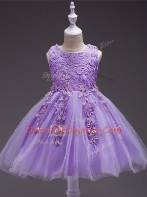 Knee Length Lavender Little Girl Pageant Gowns Tulle Sleeveless Appliques