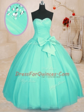 Flare Aqua Blue Sleeveless Beading and Bowknot Floor Length Quinceanera Dresses