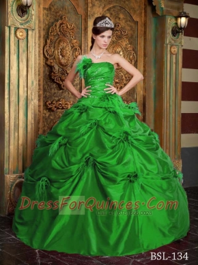 Elegant Strapless Taffeta and Feather Ball Gown Dress with Hand Made Flower in Green