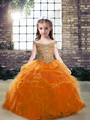Floor Length Orange Pageant Dress Off The Shoulder Sleeveless Lace Up