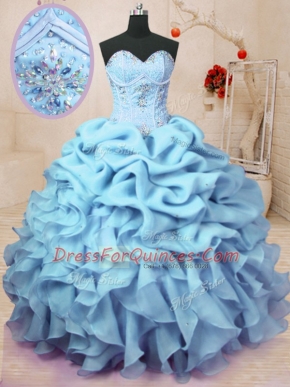 Superior Pick Ups Baby Blue Sleeveless Organza Lace Up Vestidos de Quinceanera for Military Ball and Sweet 16 and Quinceanera