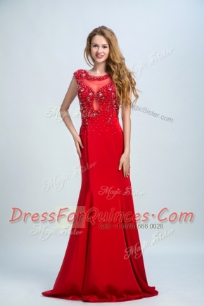 Mermaid Chiffon Scoop Sleeveless Brush Train Side Zipper Beading Prom Evening Gown in Red