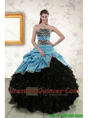 2015 Elegant Zebra Print Multi Color Strapless Quinceanera Dresses with Ruffles and Pick Ups