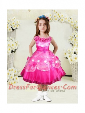 Sweet A-Line Bateau Tea-length Hand Made Flowers Bowknot Hot Pink Little Girl Dress