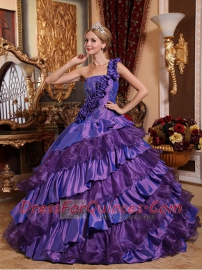 Ball GownOne Shoulder Taffeta and Organza Hand Made Flowers For Sweet 16 Dresses
