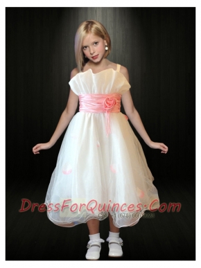 Sweet A-Line Spaghetti Straps Flower Girl Dress with Hand Made Flowers in White for 2014