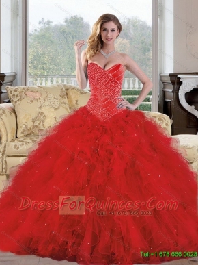 2015 Wholesale Sweetheart Red Quinceanera Dresses with Appliques and Ruffles