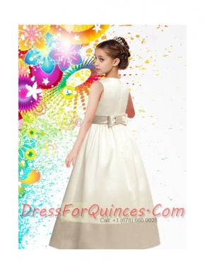 Champagne Scoop Floor-length Flower Girl Dress with Bowknot