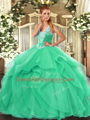 Turquoise Sleeveless Tulle Lace Up Sweet 16 Quinceanera Dress for Military Ball and Sweet 16 and Quinceanera