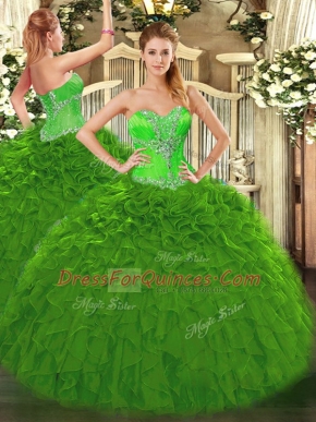 Discount Green Ball Gowns Beading and Ruffles Sweet 16 Quinceanera Dress Lace Up Organza Sleeveless Floor Length