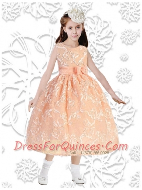 Elegant Ball Gown Sleeveless Tea-length Flower Girl Dress in Orange