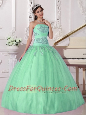 Apple Green Ball Gown Strapless Elegant Taffeta and Tulle Beading Quinceanera Dress