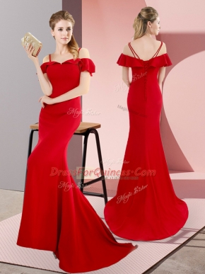 Low Price Straps Sleeveless Satin Prom Gown Beading Sweep Train Lace Up