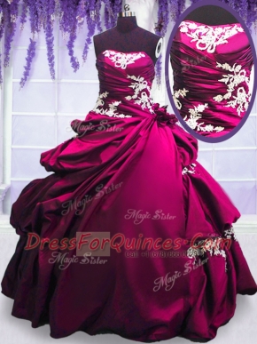 Fuchsia Quinceanera Dresses Military Ball and Sweet 16 and Quinceanera and For with Embroidery and Pick Ups Strapless Sleeveless Lace Up
