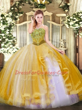 Decent Strapless Sleeveless Quinceanera Dresses Floor Length Beading and Ruffles Gold Tulle
