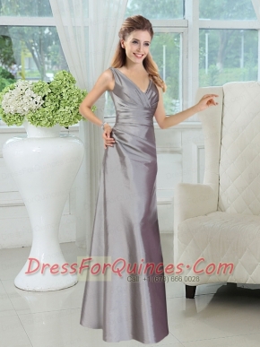 Silver V Neck Long Dama Dress for 2015 Wedding Party
