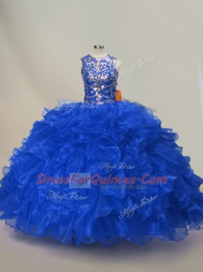 Floor Length Royal Blue Sweet 16 Dress Organza Sleeveless Ruffles and Sequins