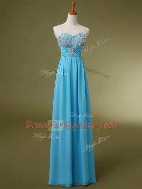 New Style Baby Blue Empire Chiffon Sweetheart Sleeveless Beading and Ruching Floor Length Lace Up Evening Dress