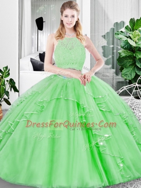 Eye-catching Two Pieces Tulle Scoop Sleeveless Lace and Ruffled Layers Floor Length Zipper Ball Gown Prom Dress