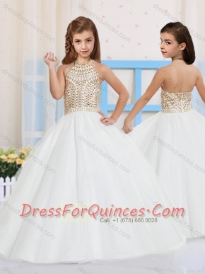 Ball Gown Halter Tulle Beading Little Girl Pageant Dress in White