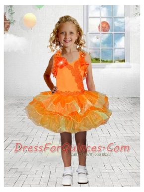 Beautiful Halter Mini-length Beading Hand Made Flowers Orange Little Girl Dress