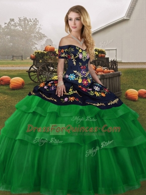 Latest Green Quince Ball Gowns Tulle Brush Train Sleeveless Embroidery and Ruffled Layers