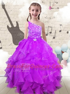 Fuchsia Child Pageant Dress Party and Wedding Party and For with Beading and Ruffles One Shoulder Sleeveless Lace Up