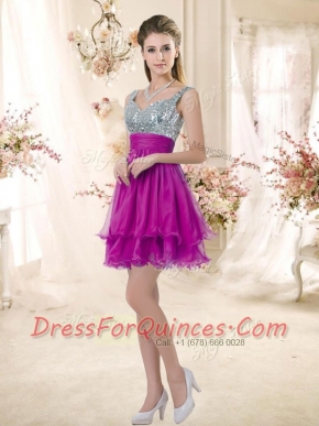 Hot Sale Straps Short Sexy Prom  Fuchsia Dresses with Sequins