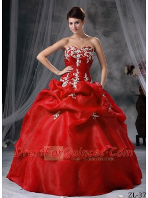 New Styles Ball Gown In Red Sweetheart With Organza Appliques Quinceanera Dress