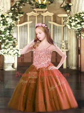 Tulle Spaghetti Straps Sleeveless Lace Up Appliques Girls Pageant Dresses in Rust Red