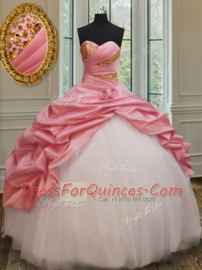 Amazing Floor Length Pink And White Quince Ball Gowns Taffeta and Tulle Sleeveless Beading and Pick Ups and Hand Made Flower