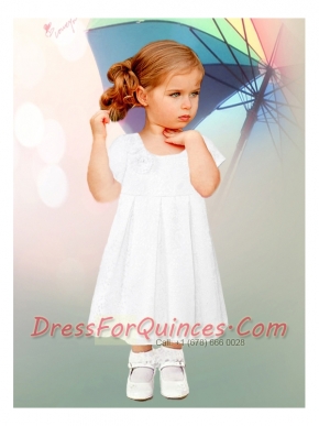 Short Sleeves A-Line Lace and Ruching Tea-length Flower Girl Dress with Scoop