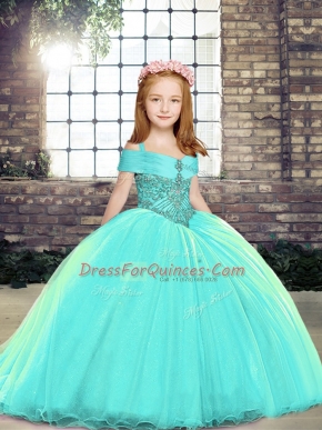 Graceful Straps Sleeveless Brush Train Lace Up Little Girl Pageant Gowns Aqua Blue
