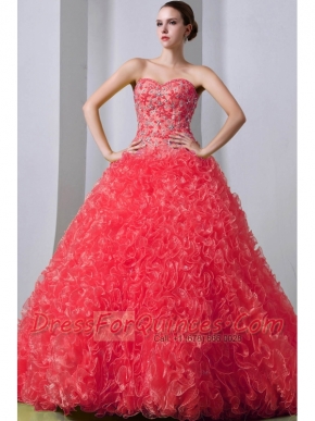 Cute Quinceanea Dress In Watermelon With A-Line / Princess Style With Sweetheart Brush Train Beading and Ruffles