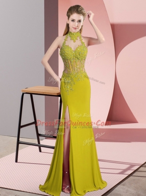 Shining Green Sleeveless Chiffon Backless Dress for Prom for Prom and Party and Military Ball