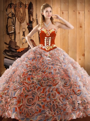 Delicate Multi-color Satin and Fabric With Rolling Flowers Lace Up Sweetheart Sleeveless With Train Sweet 16 Quinceanera Dress Sweep Train Embroidery