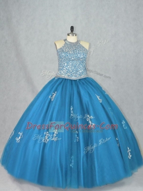 Best Floor Length Ball Gowns Sleeveless Blue Quinceanera Dresses Lace Up